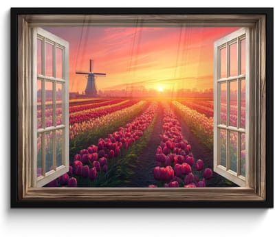 Poster in lijst - Fotolijst 70x50 cm - Posters - Doorkijk - Tulpen - Zonsondergang - Bloemen - Kleurrijk - Posterlijst zwart - Decoratie - Wanddecoratie woonkamer - Muurdecoratie slaapkamer