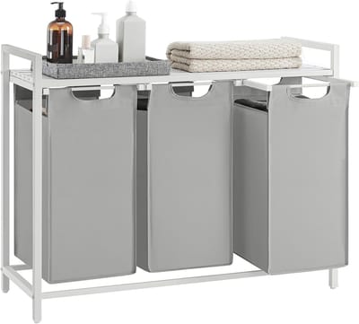 VASAGLE Wasmand 3 vakken, wasmand met plank, wasbox, waszak van uittrekbaar verwijderbare Oxford-stof, metalen frame, 3 x 38 L, 92,5 x 33 x 72 cm, duifgrijs