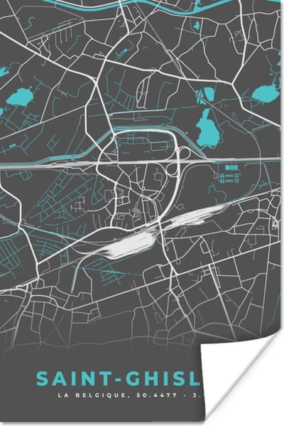 Poster Stadskaart – Grijs - Kaart – Saint Ghislain – België – Plattegrond - 120x180 cm XXL