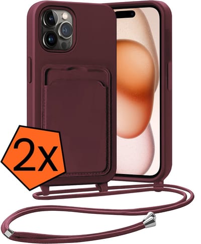 Hoesje Geschikt voor iPhone 14 Pro Max Hoesje Met Telefoonketting Pasjeshouder Case Koord - Hoesje Geschikt voor iPhone 14 Pro Max Hoes Met Kaarthouder - Aubergine - 2 PACK