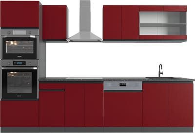 Vicco R-Line Complete keukeneenheid – 300 cm J-vorm, met hoge kast, zonder werkblad Rood/antraciet