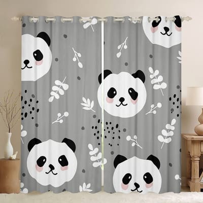 Jolis rideaux panda pour filles, garçons, enfants, dessin animé, pandas géants, rideau d'ouverture de fenêtre pour chambre à coucher, salon, rideaux d'ouverture de fenêtre W55 X H120cm X 2&HOOK