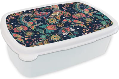 Broodtrommel Wit - Lunchbox - Brooddoos - Toekan - Vogel - Regenboog - Jungle - Patroon - 18x12x6 cm - Volwassenen