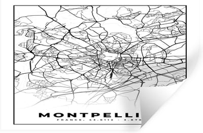 Muurstickers - Sticker Folie - Stadskaart - Montpellier - Plattegrond - Kaart - Frankrijk - Zwart wit - 30x20 cm - Plakfolie - Muurstickers Kinderkamer - Zelfklevend Behang - Zelfklevend behangpapier - Stickerfolie