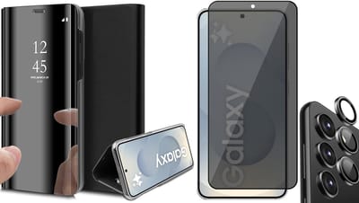 Hoesje geschikt voor Samsung Galaxy S25 - Privacy Screenprotector Volledig Dekkend Glas & Camera - Spiegel Book Case Zwart