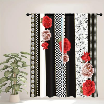 2 stks Bloemen Gordijnen Rose Lelies Rood Witte Bloemen Gouden Bloemblaadjes Tak Bladeren Raambehandeling Gordijnen Voor Slaapkamer Woonkamer W50xH130(CM)x2PCS-Grommet Top