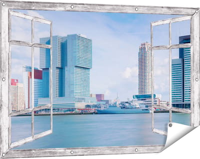 Gards Tuinposter Doorkijk Rotterdamse Skyline aan het Water - 120x80 cm - Tuindoek - Tuindecoratie - Wanddecoratie buiten - Tuinschilderij