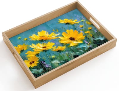 Dienblad hout 40x30 cm - Schootdienblad - Penseelstreken - Bloemen - Felgeel - Abstract - Borrelplank rechthoek - Plateau dienbladen