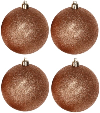 4x Koperen kunststof kerstballen 10 cm - Glitter - Onbreekbare plastic kerstballen - Kerstboomversiering koper