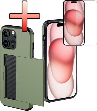 Hoes Geschikt voor iPhone 15 Pro Hoesje Pasjeshouder Hard Cover Met Screenprotector Shock Proof Hard Case Hoes Met Kaarthouder - Donkergroen