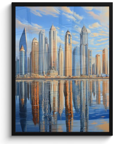 Poster in lijst - Fotolijst 50x70 cm - Posters - Skyline - Wolkenkrabbers - Water - Blauw - Posterlijst zwart - Decoratie - Wanddecoratie woonkamer - Muurdecoratie slaapkamer