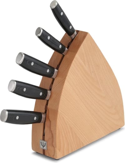Yaxell Ran Messenset – 6-delig – Beukenhouten Messenblok met 5 Messen – 69 Lagen Damaststaal – VG10 Staal – 61 HRC – Canvas-Micarta Heft