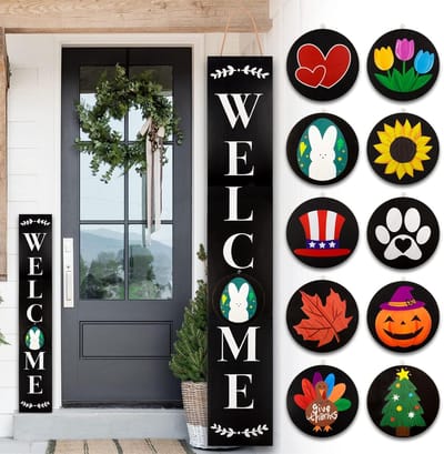 Welkomstbord Deur - Verwelkomingsbord Huis - Voordeur Decoratie - Verwisselbare Pictogrammen - 119 cm Hoog - Zwart