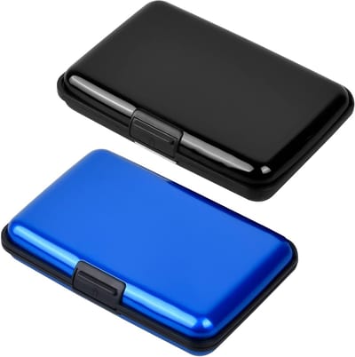 Stijlvolle Aluminium Visitekaartjeshouder Set van 2 in Zwart en Blauw met RFID Bescherming voor Veiligheid en Organisatie van ID- en Creditcards