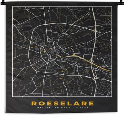 Wandkleed - Wanddoek - Roeselare - Kaart - Goud - Stadskaart - Plattegrond - 180x180 cm - Wandtapijt