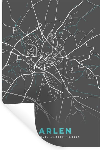 Muurstickers - Sticker Folie - Plattegrond – Aarlen – Blauw – Stadskaart - Kaart - 20x30 cm - Plakfolie - Muurstickers Kinderkamer - Zelfklevend Behang - Zelfklevend behangpapier - Stickerfolie