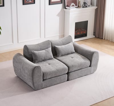 Multifunctionele chenille slaapbank – modulair en opvouwbaar ontwerp – 2 kussens en armleuningen – comfortabele 2-in-1 bank en bed – geschikt voor 2 personen – bank, chaise longue en logeerbed – ideaal voor appartement en kleine ruimtes – Grijs