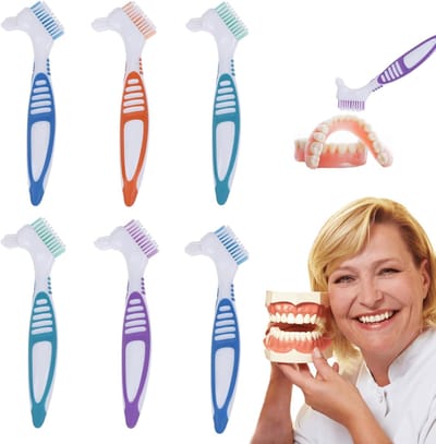 Set van 6 dubbelzijdige tandenborstels voor kunstgebitten en retainers - 16 cm - middelzacht - geschikt voor reiniging van kunstgebitten, tanden en orthodontische apparaten - 2 blauw, 2 groen, 1 oranje, 1 paars