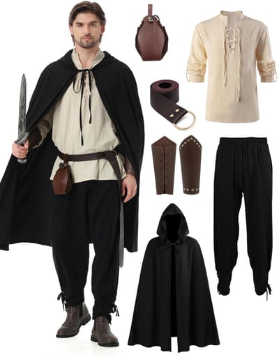 Dailygoods- Middeleeuws Kostuum 7-delig - Middeleeuwse Kleding - Renaissance-Kostuum - Klassiek Shirt - Broek/Riem - Inclusief Accessoires