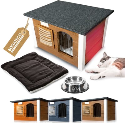 BOGATECO | Houten kattenhuis | Comfortabel en warm buitenkattenhok | Waterdicht, geïsoleerd | Afmetingen 36x61x39 cm | Verkrijgbaar in 3 kleuren