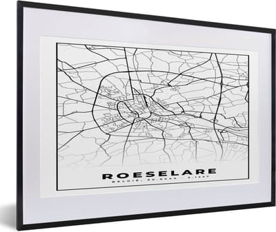 Fotolijst incl. Poster Zwart Wit- Zwart Wit – België – Plattegrond – Stadskaart – Kaart – Roeselare - 60x40 cm - Posterlijst
