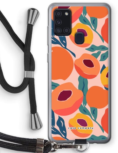 Case Company® - Hoesje met koord geschikt voor Samsung Galaxy A21s hoesje met Koord - Perzik - Telefoonhoesje met Zwart Koord - Bescherming aan alle Kanten en Over de Schermrand