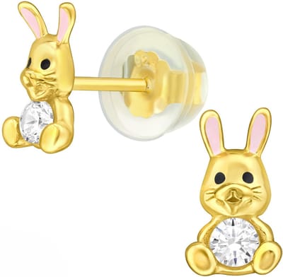 Joy|S - Zilveren konijn oorbellen - zirkonia - met roze oortjes - 4.9 x 8.5 mm - gold plated goudkleur - kinderoorbellen met siliconen vlinder sluiting