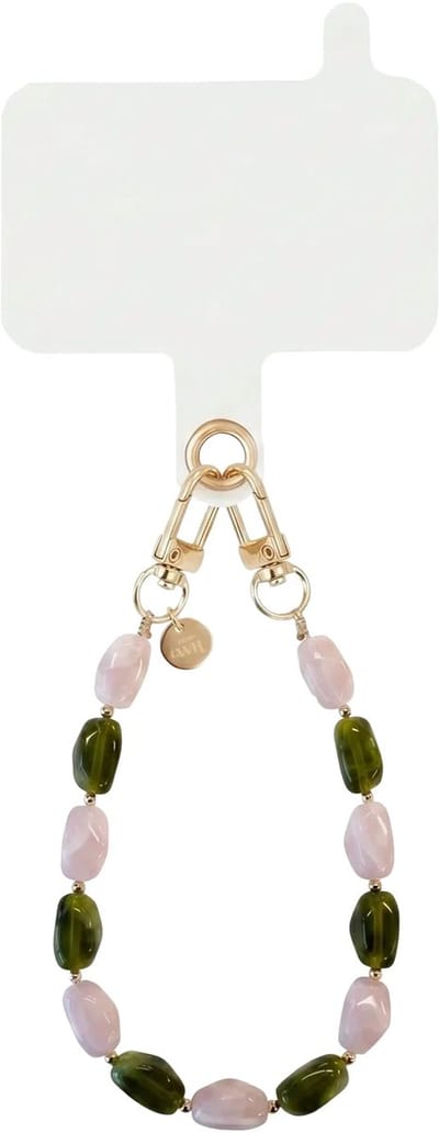xoxo Wildhearts telefoonkoord met clip - Rose Quartz - Kort koord - Geschikt voor iPhone - Geschikt voor Samsung - Phone cord met koord clip - Easy Cord - Telefoonketting - Ketting met groene en roze stenen