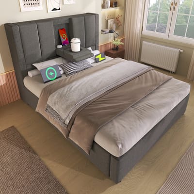 REDOM Bedframe 90x200 cm van linnen – Met hydraulische opbergruimte, bekerhouder en laadstation – Grijs