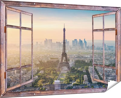 Gards Tuinposter Doorkijk Skyline van Parijs met de Eiffeltoren - 180x120 cm - Tuindoek - Tuindecoratie - Wanddecoratie buiten - Tuinschilderij