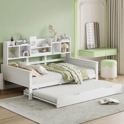 Slaapbank - 90x200 cm - Met Uitschuifbed 90x190 cm en Opbergruimte - Grenenhout - Wit