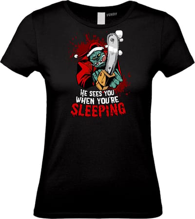 Dames t-shirt Monster Santa | Foute Kersttrui Dames Heren | Kerstcadeau | Kerstpakket | Zwart (Dames) | maat XS
