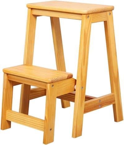 Houten Opstapje - Keukenladder Klapstoel - Extra Hoogte - Grote Antislip Trede - 2 Treden - Geel