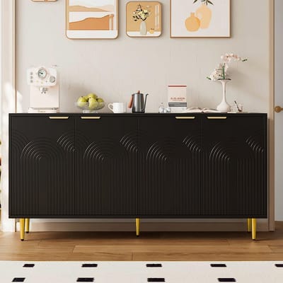 Dressoir - 160x80x40 cm - Met 4 Deuren Gouden Grepen - Hoogglans Poten - Hout - Zwart