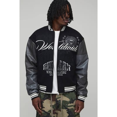 Tall Melton & PU Mixed Fabric Embellished Varsity Jacket | Black | Size Small