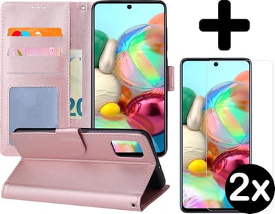 Hoesje - Met 2x Screenprotector - Geschikt voor Samsung Galaxy A71 - Luxe Pasjeshouder - Flip Case - Bookcase Portemonee - Kunstleer Book Case - Flipcase Hoes - Book Cover - Walletcase - Portemonneehoes - Telefoonhoes - Rosé goud