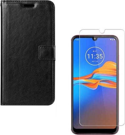 hoesje Geschikt voor: Motorola Moto E6S Portemonnee zwart met 2 stuks Glas Screen protector