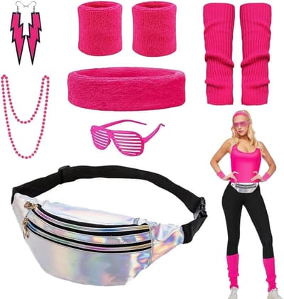 Retro 80s Kostuumaccessoires voor Dames met Neon Hoofdband, Leg Warmers en Oorbellen voor Feestjes en Thema-avonden