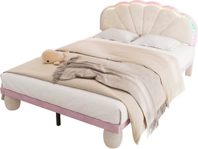 Polsterbed 140x200 cm Samt Beige/Rosa met lichtstrepen, hoofddeel en houten latten