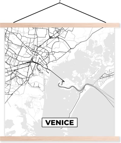 Posterhanger incl. Poster 40x40 cm - Schoolplaat - Venetië - Stadskaart - Plattegrond - Zwart Wit - Kaart - Textielposter - Blanke latten - Stadskaart
