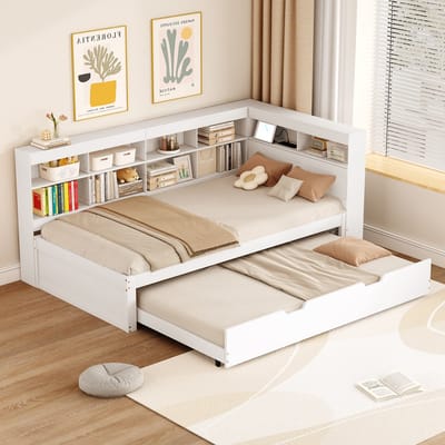 DESMIU Slaapbank 90x200 cm – Uitschuifbaar Bed met USB-Aansluiting – Meerdere Opbergvakken – Voor Logeerkamer en Kleine Ruimtes – Hout – Wit – Zonder Matras