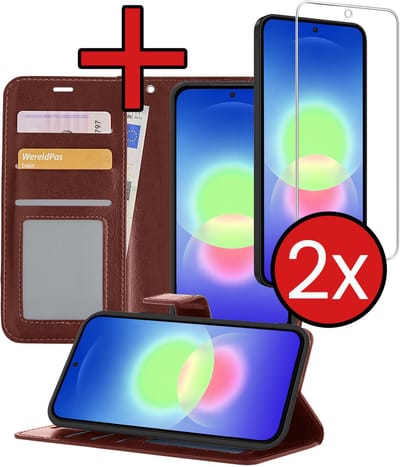 Hoesje - Met 2x Screenprotector - Geschikt voor Samsung Galaxy A27 - Luxe Pasjeshouder - Flip Case - Bookcase Portemonee - Kunstleer Book Case - Flipcase Hoes - Book Cover - Walletcase - Portemonneehoes - Telefoonhoes - Bruin