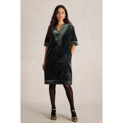 White Stuff Ash Velvet Mix Dress Teal Print Größe: 10 REGULAR | Blusenkleider Outlet | Damen | Cyan