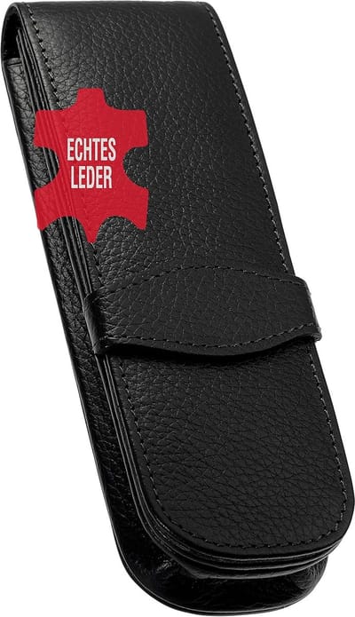 Leren pennenetui voor 3 schrijfgerei - Zwarte etui met insteeklus en 3 vakken - Echt leer - 14,5 x 5 x 2,5 cm