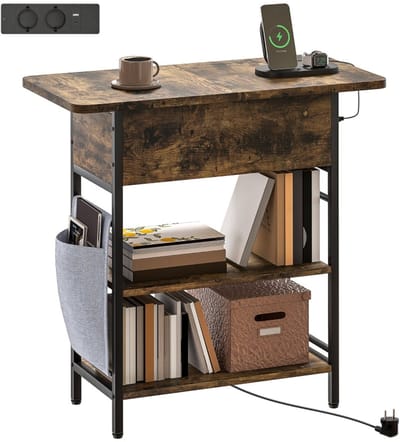 Merax Bijzettafel Met Stopcontacten En USB Aansluitingen - Met Opbergvak En 2 Open Planken - Industrieel - Rustiek Bruin - 60 X 29,8 X 58,5 Cm