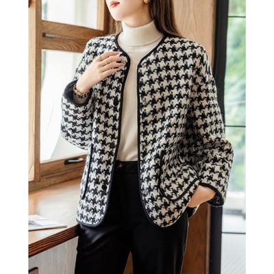 Tweed Herfst Nieuw Ronde Hals Losse Houndstooth Vintage Jas voor Dames Kort S black