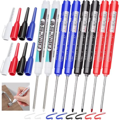 TXXATX Diepe gatmarkers, 45 mm, boorgatmarkers, metaal, 8 stuks, markeerstiften, gatmarkers, extra lange punt, boorgatmarkeringen, markeerstift voor hout, kunststof, karton, muur (zwart, blauw, rood