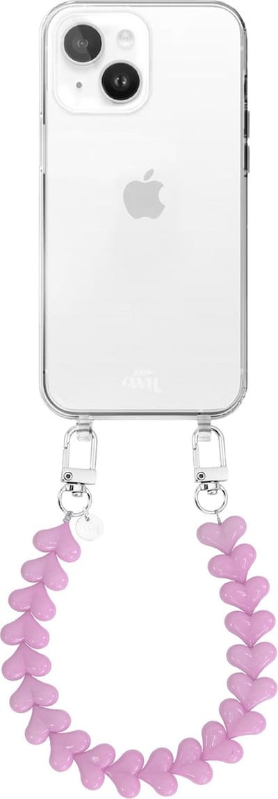 xoxo Wildhearts siliconen hoesje - Geschikt voor iPhone 15 Plus hoesje - Funky Hearts - Telefoonhoesje - Hoesje met koord - roze koord - kort telefoonkoord - Hartjes ketting - Transparant hoesje