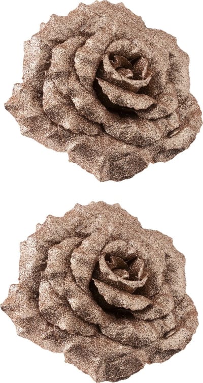2x stuks decoratie bloemen roos champagne glitter op clip 18 cm - Decoratiebloemen/kerstboomversiering/kerstversiering