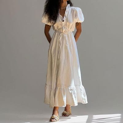 Lente Nieuwe Dames Retro Effen Kleur Elegante V-hals Bandjes Jurk 3XL